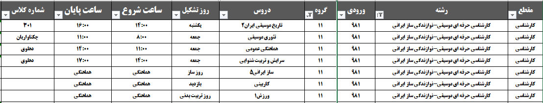 کارشناسی ساز ایرانی غیر مرتبط تکمیل ظرفیت